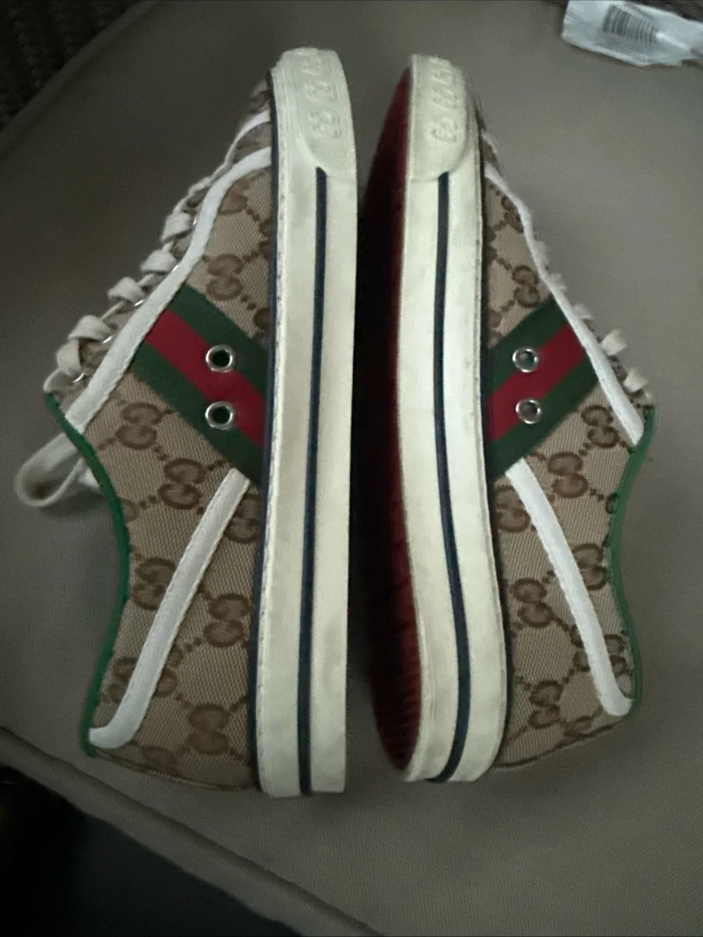 Gucci Brown GG Canvas Sneakers with Green Interior and Red Accent